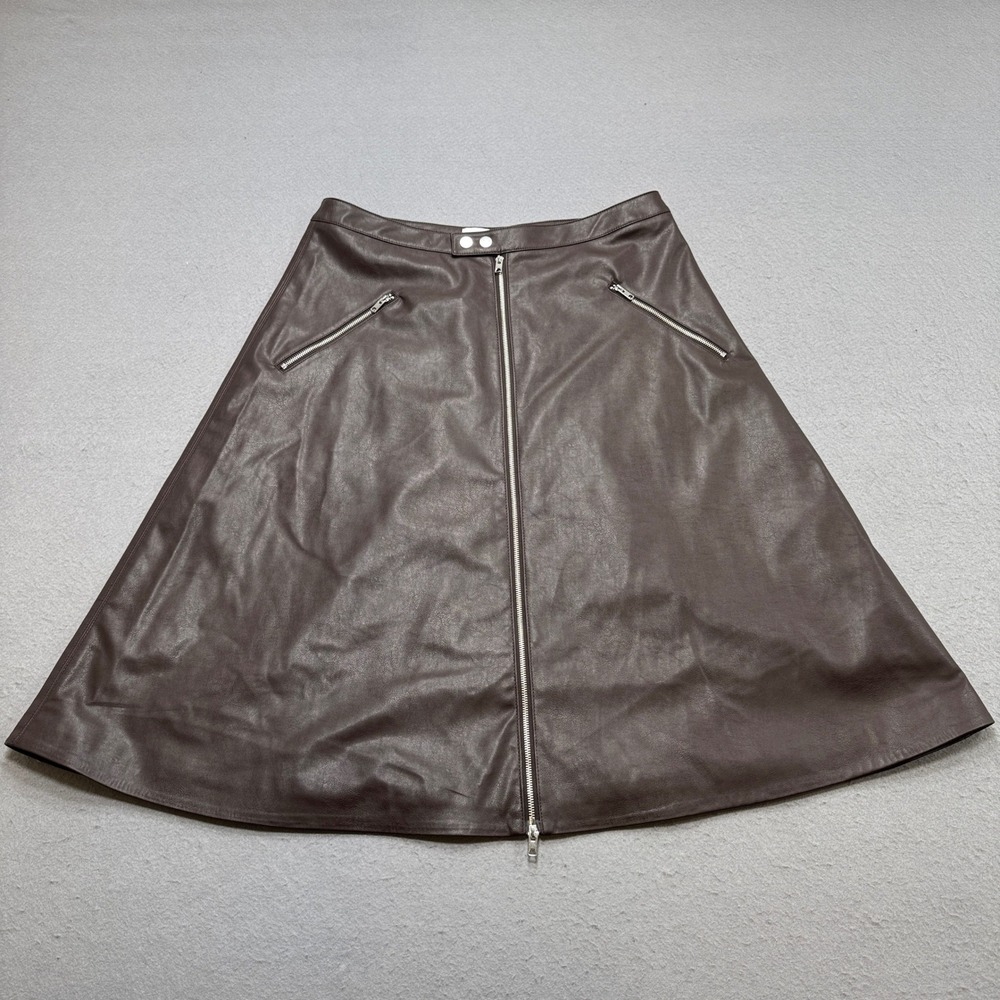 NEW H&M Edition Faux Leather Skirt Women's 16 Brown A-Line Zip Front Edgy Chic